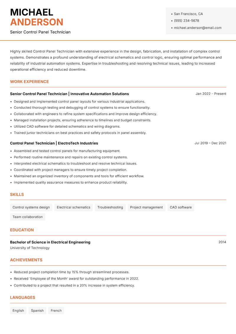 Control Panel Technician Resume Template