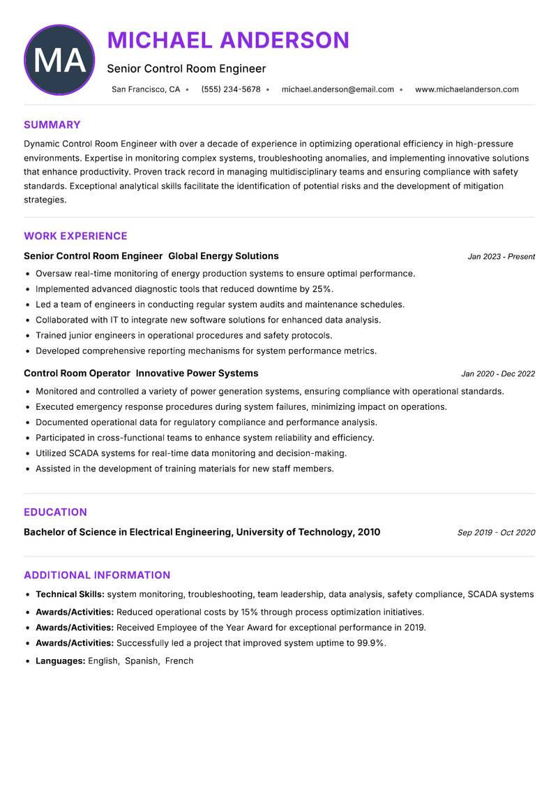 Control Room Engineer Resume Preview Example