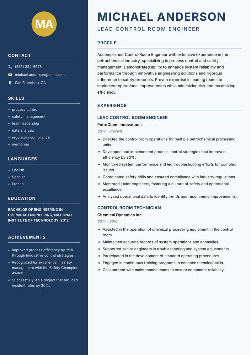 Control Room Engineer Resume Preview Example