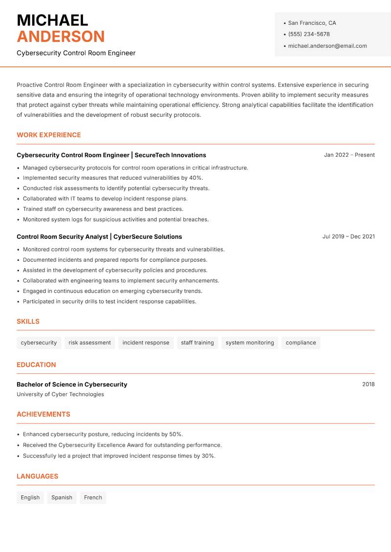 Control Room Engineer Resume Template