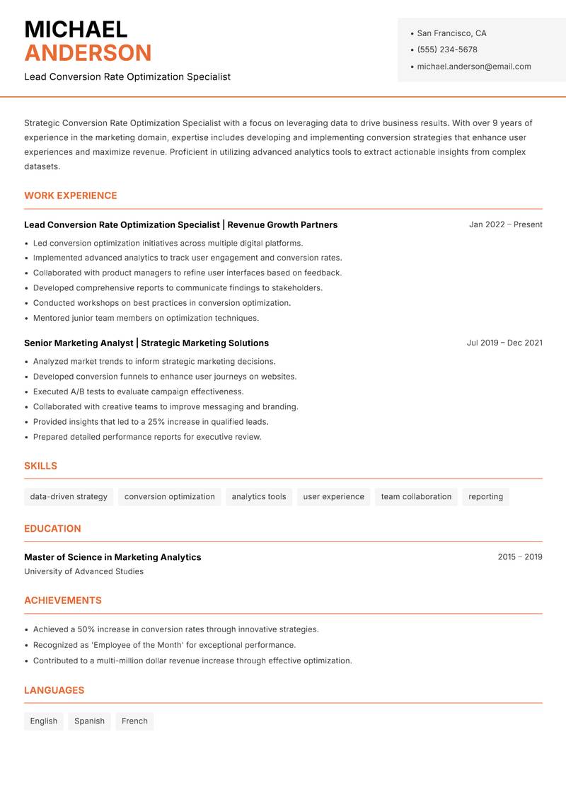 Conversion Rate Optimization Specialist Resume Template