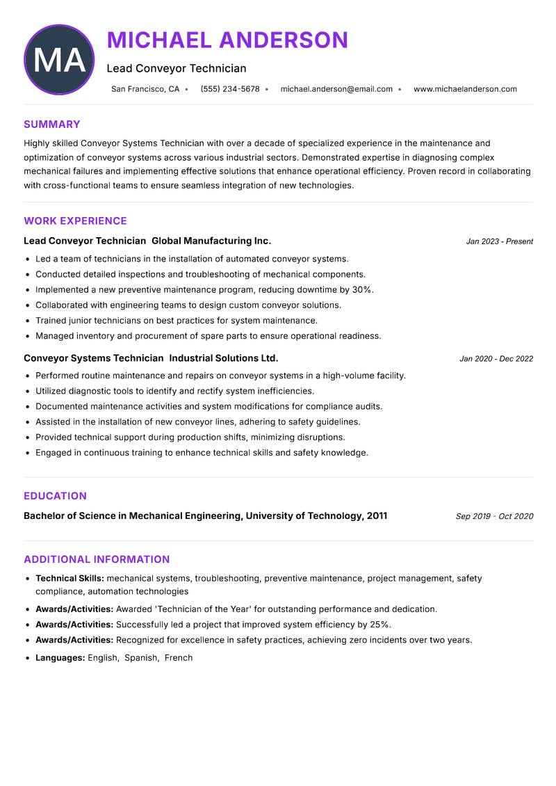 Conveyor Systems Technician Resume Preview Example