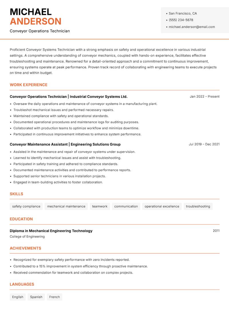 Conveyor Systems Technician Resume Template