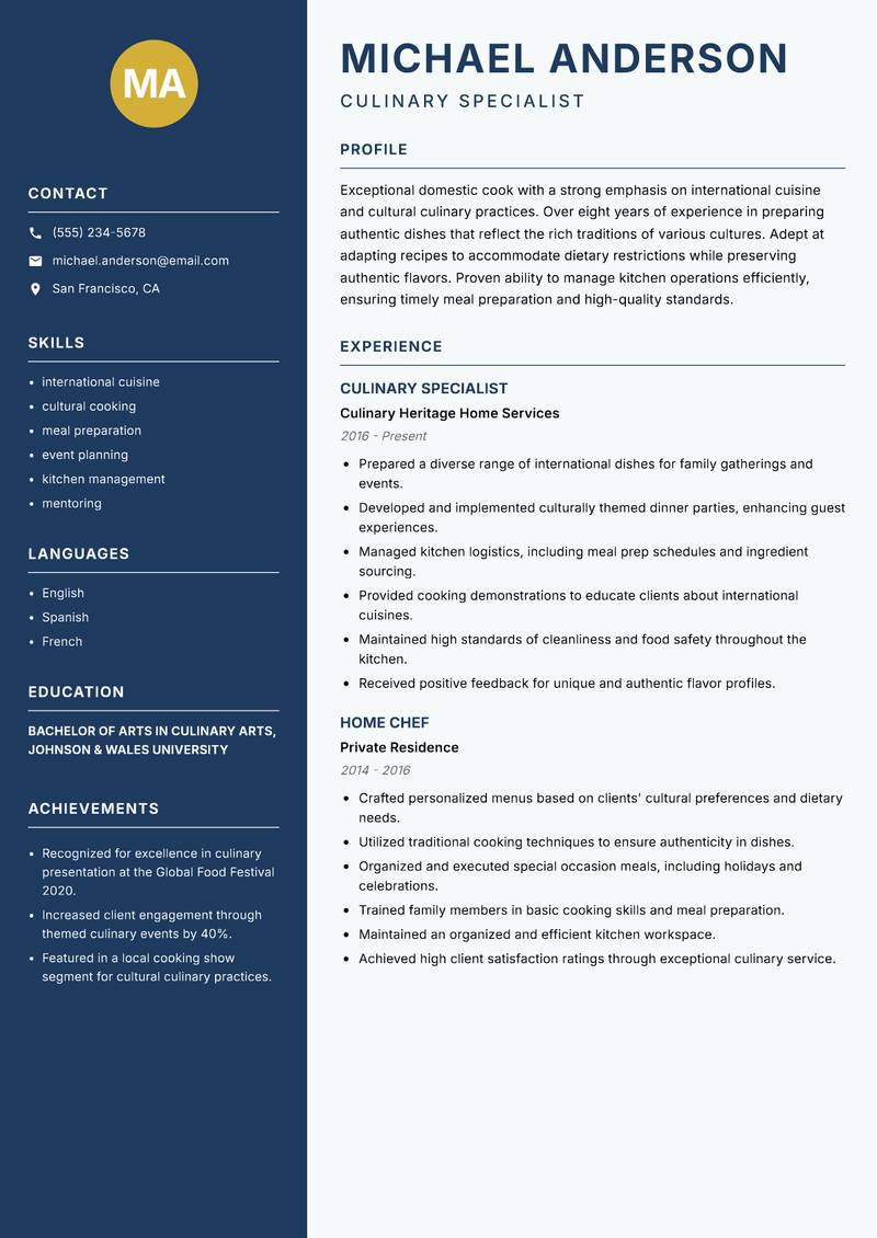 Cook Domestic Resume Preview Example