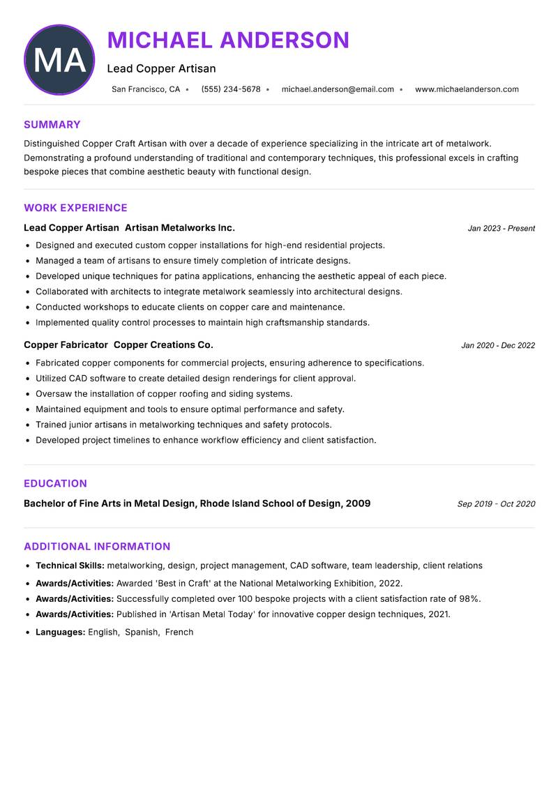 Copper Craft Artisan Resume Preview Example