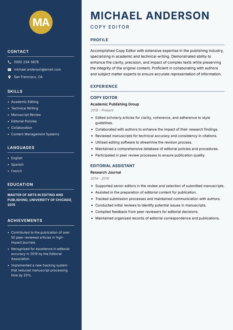 Copy Editor Resume Preview Example