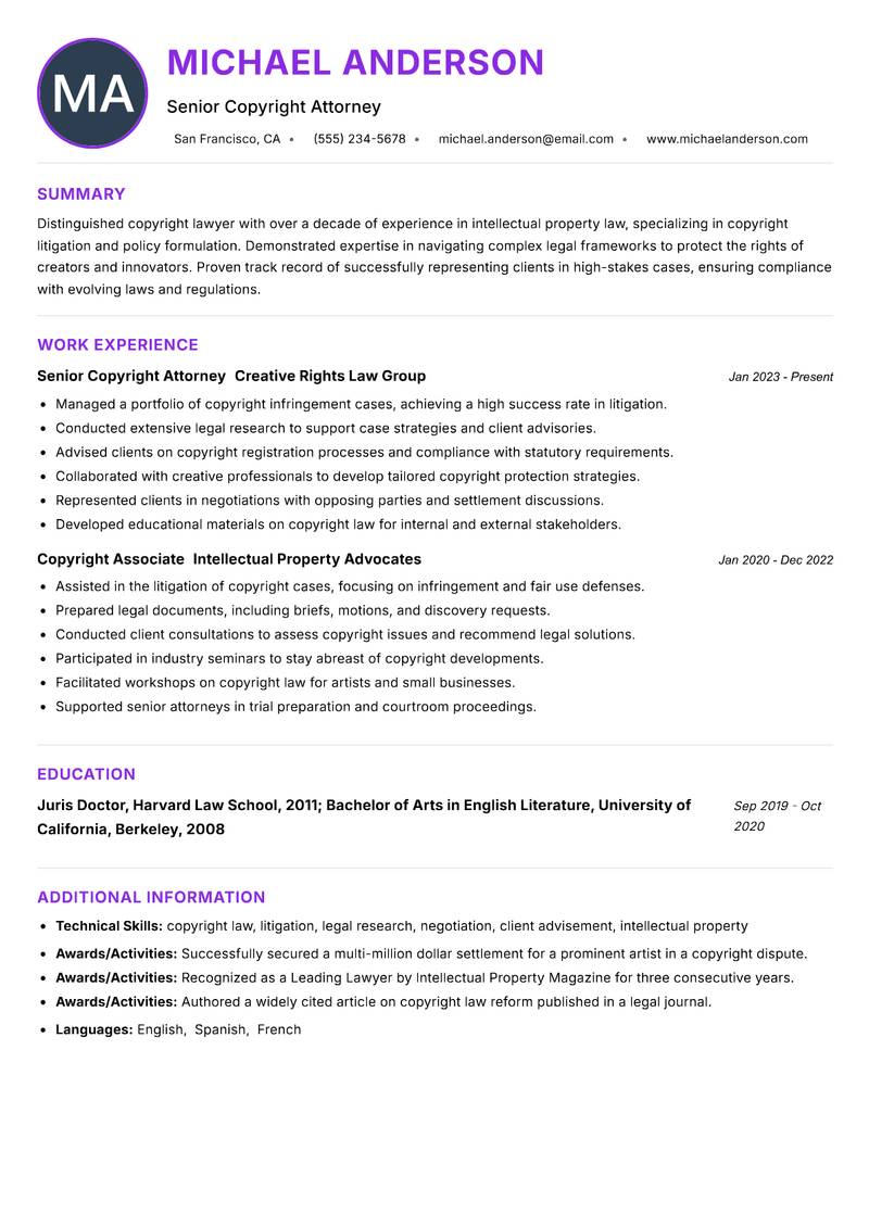 Copyright Lawyer Resume Preview Example