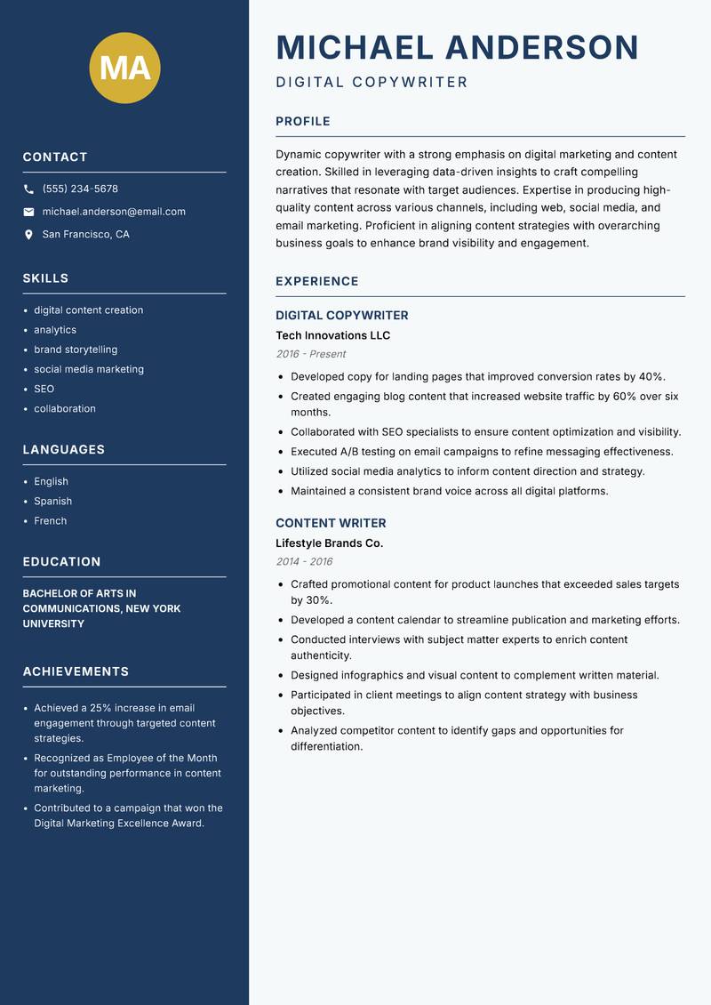 Copywriter Resume Preview Example