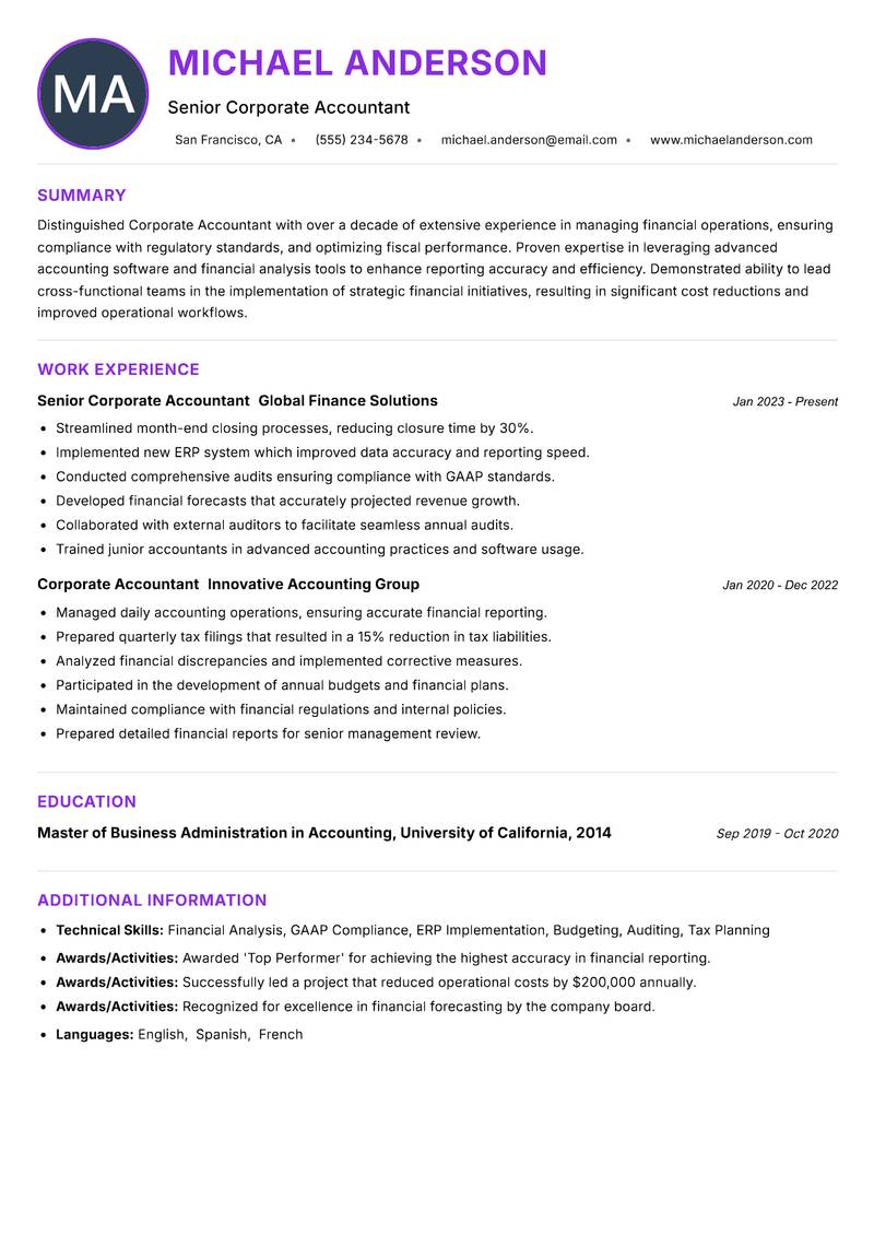 Corporate Accountant Resume Preview Example