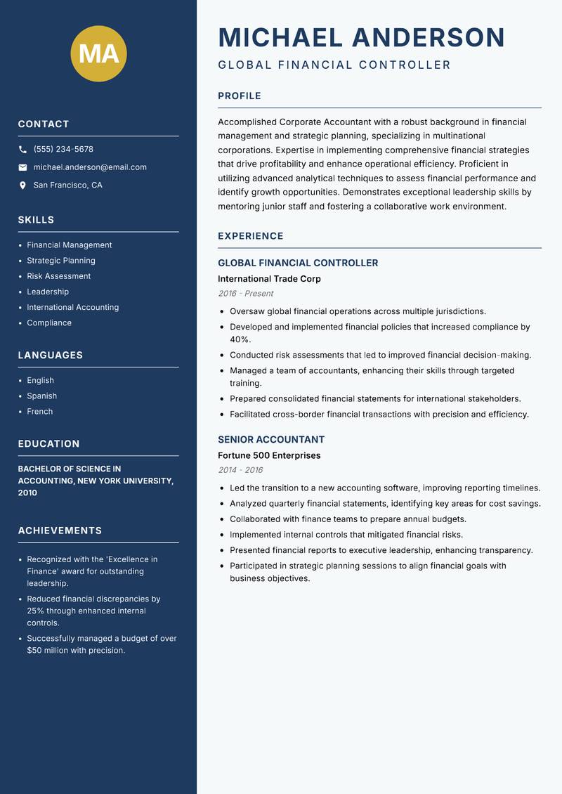 Corporate Accountant Resume Preview Example