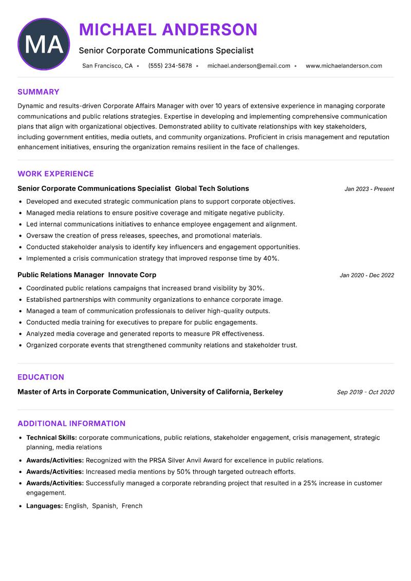 Corporate Affairs Manager Resume Preview Example