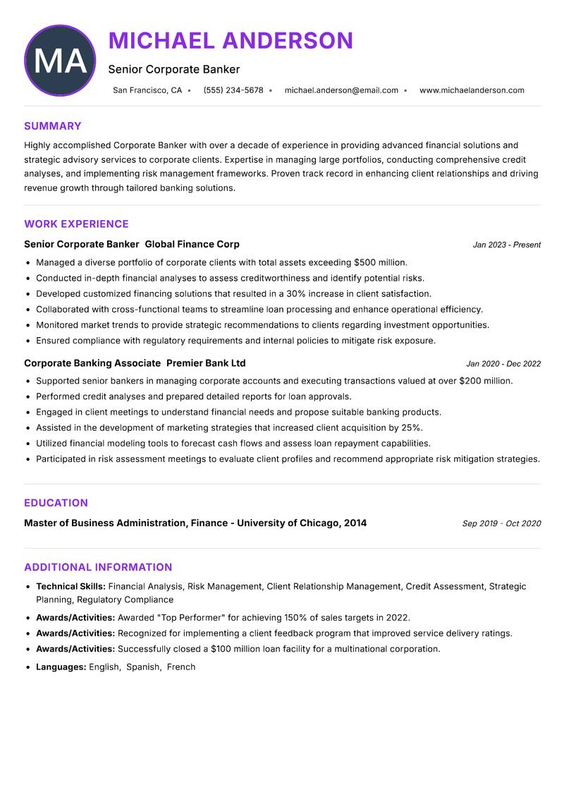 Corporate Banker Resume Preview Example