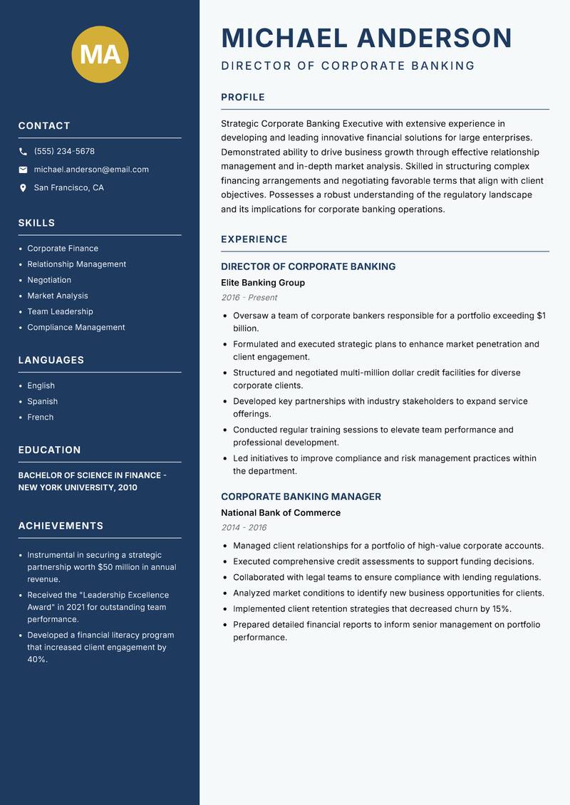 Corporate Banker Resume Preview Example