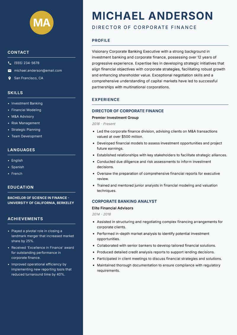 Corporate Banking Executive Resume Preview Example