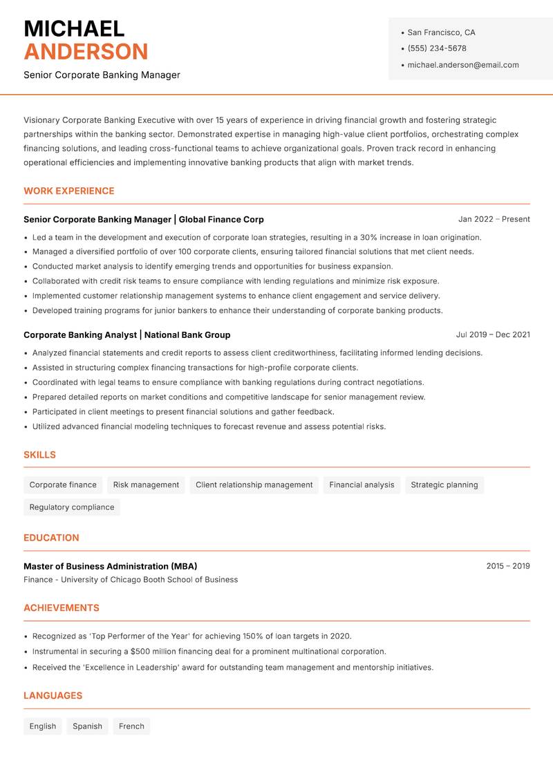 Corporate Banking Executive Resume Template