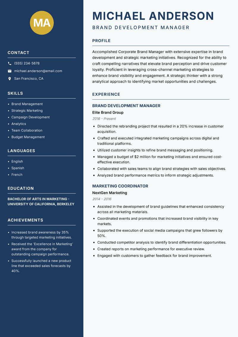 Corporate Brand Manager Resume Preview Example