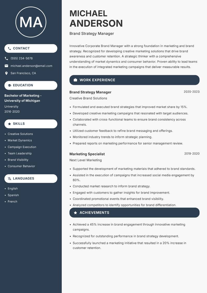 Corporate Brand Manager Resume Preview Example