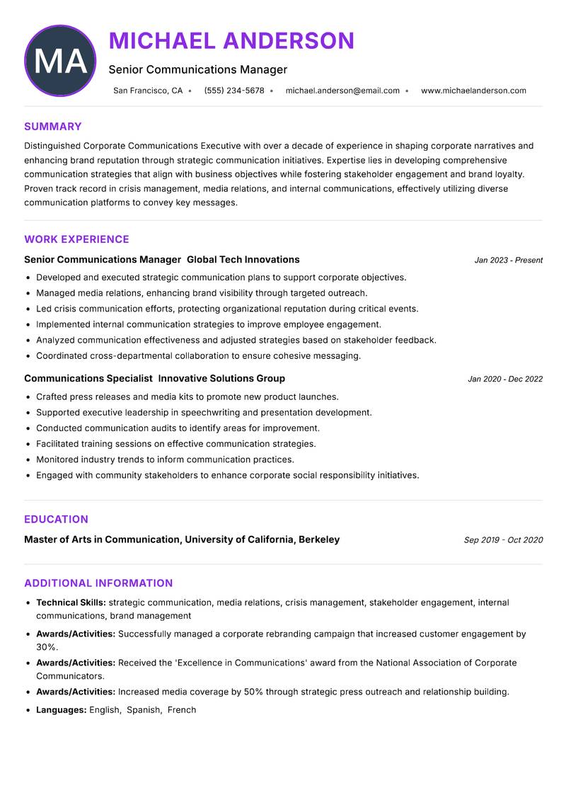 Corporate Communications Executive Resume Preview Example