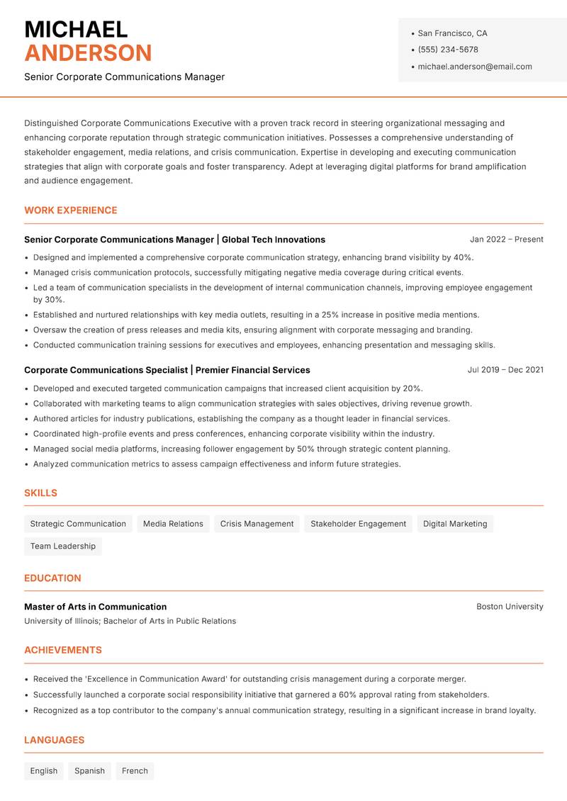 Corporate Communications Executive Resume Template