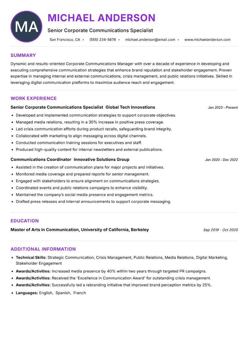 Corporate Communications Manager Resume Preview Example