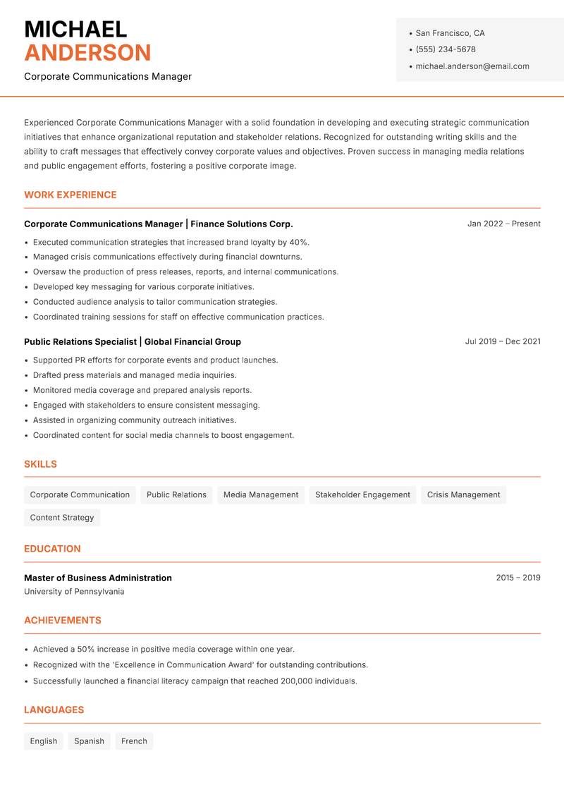 Corporate Communications Manager Resume Template