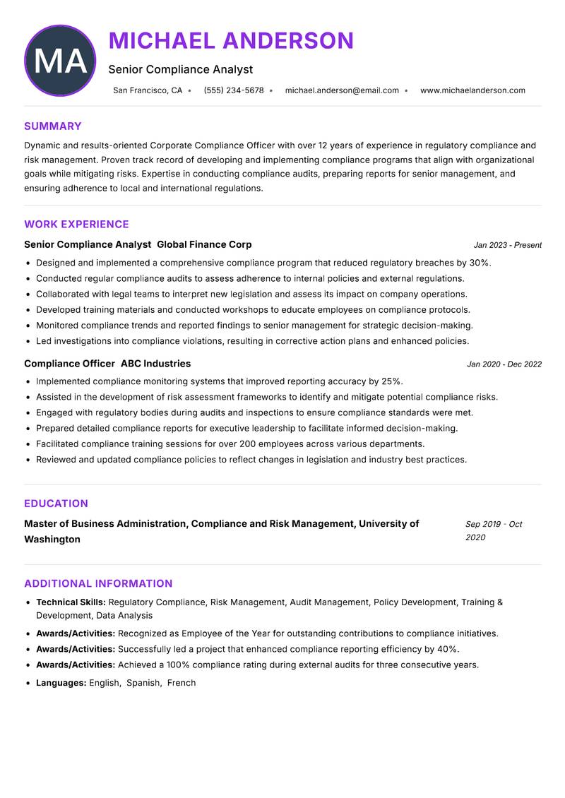 Corporate Compliance Officer Resume Preview Example