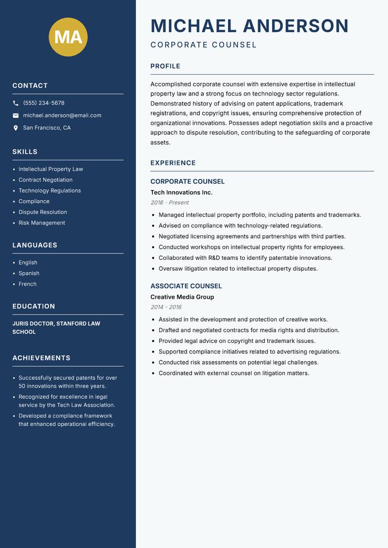 Corporate Counsel Resume Preview Example