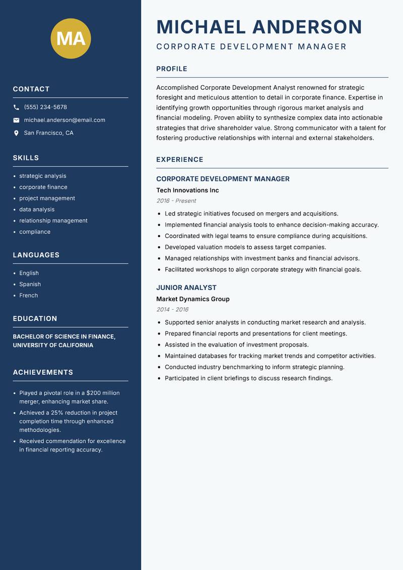 Corporate Development Analyst Resume Preview Example