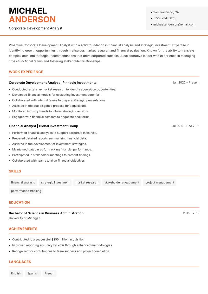 Corporate Development Analyst Resume Template