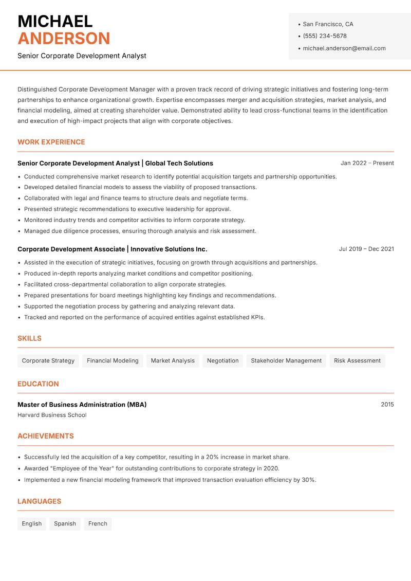 Corporate Development Manager Resume Template