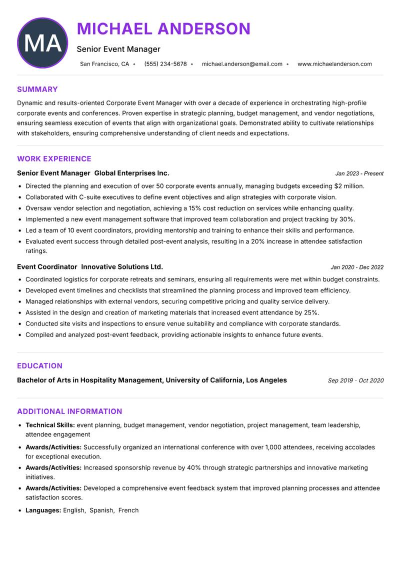 Corporate Event Manager Resume Preview Example