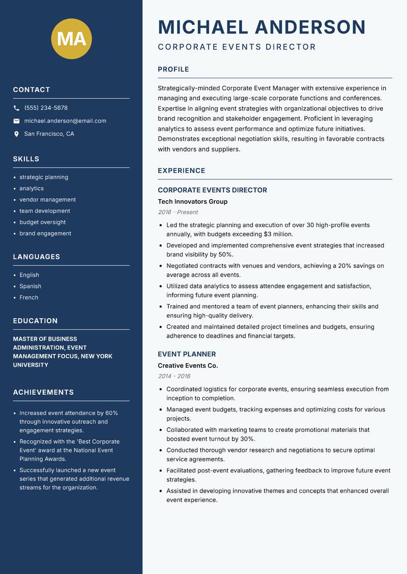 Corporate Event Manager Resume Preview Example