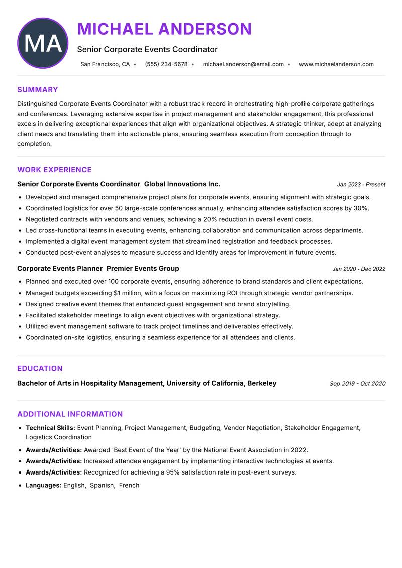 Corporate Events Coordinator Resume Preview Example