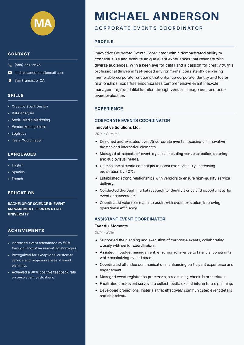 Corporate Events Coordinator Resume Preview Example