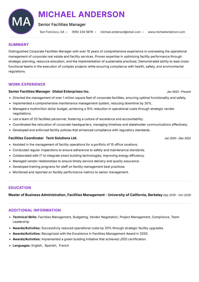 Corporate Facilities Manager Resume Preview Example