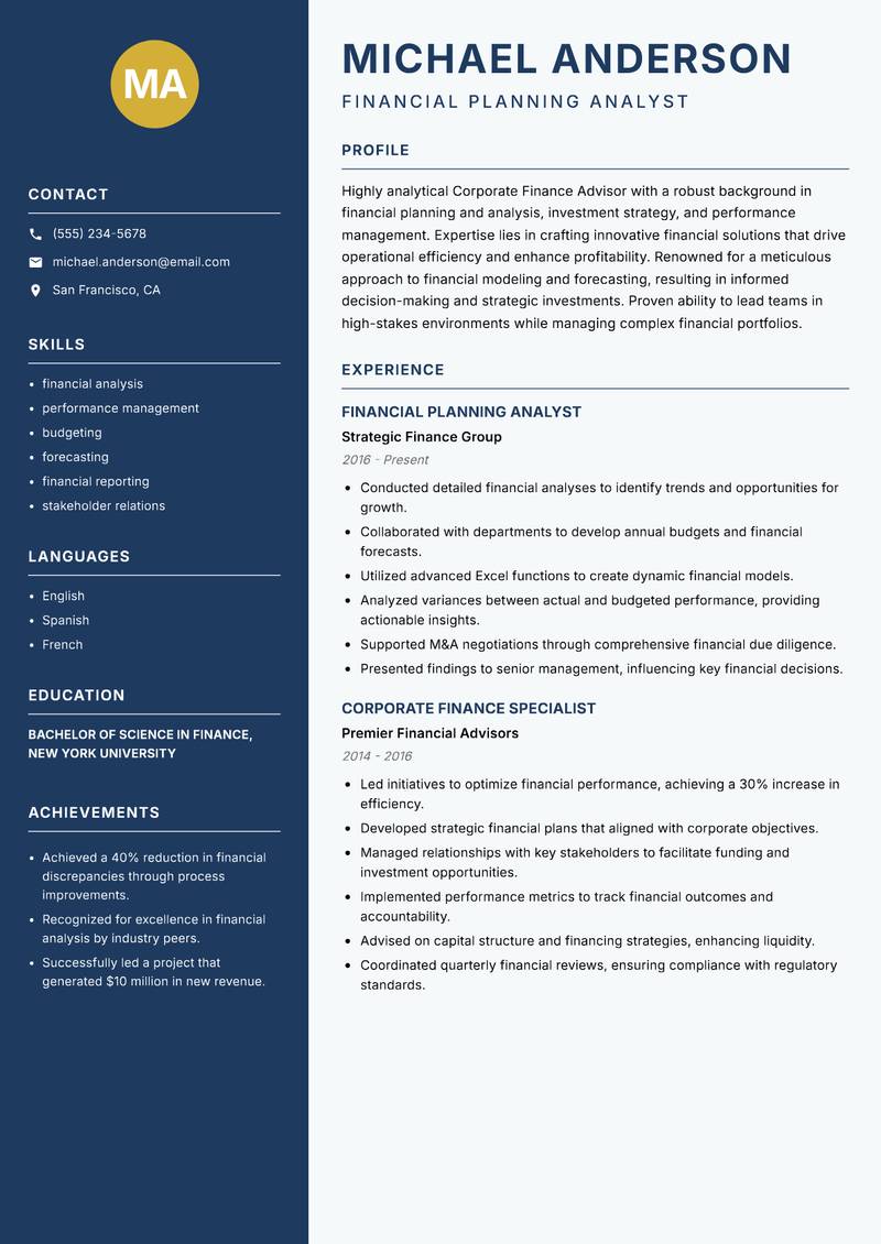 Corporate Finance Advisor Resume Preview Example