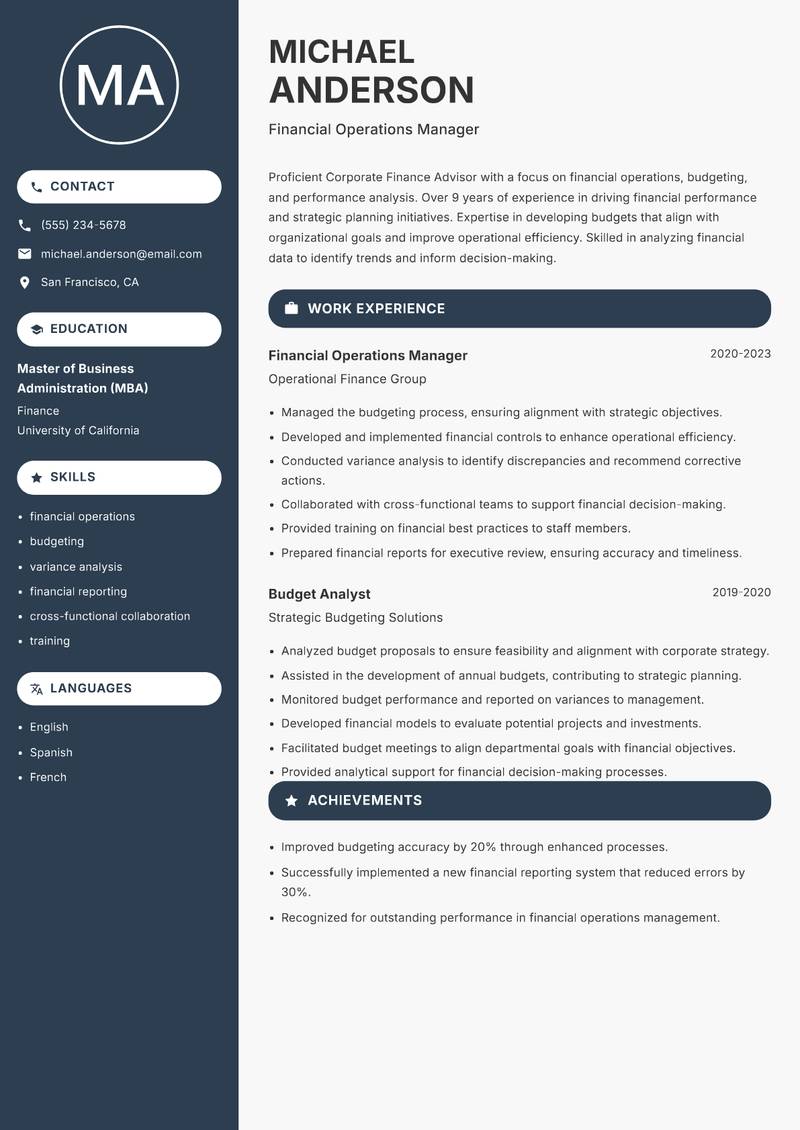 Corporate Finance Advisor Resume Preview Example