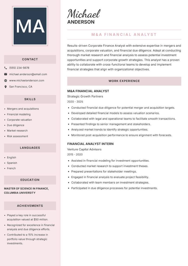 Corporate Finance Analyst Resume Preview Example