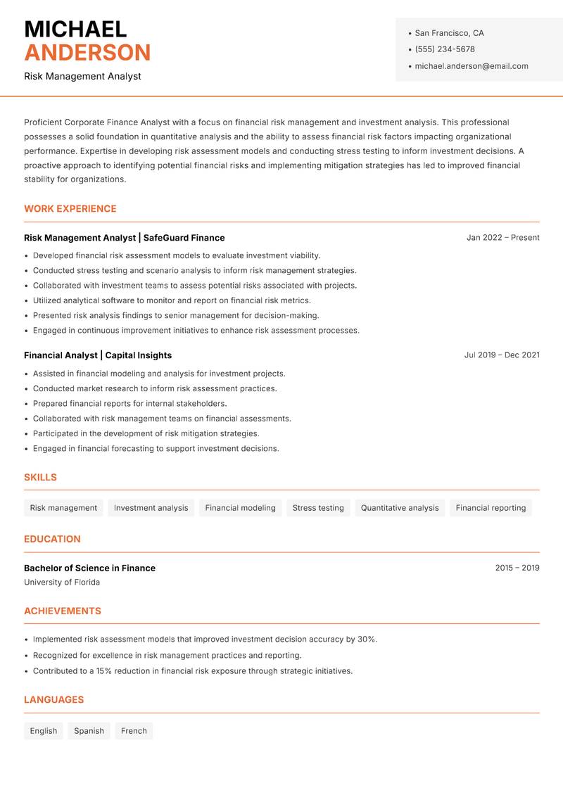 Corporate Finance Analyst Resume Template