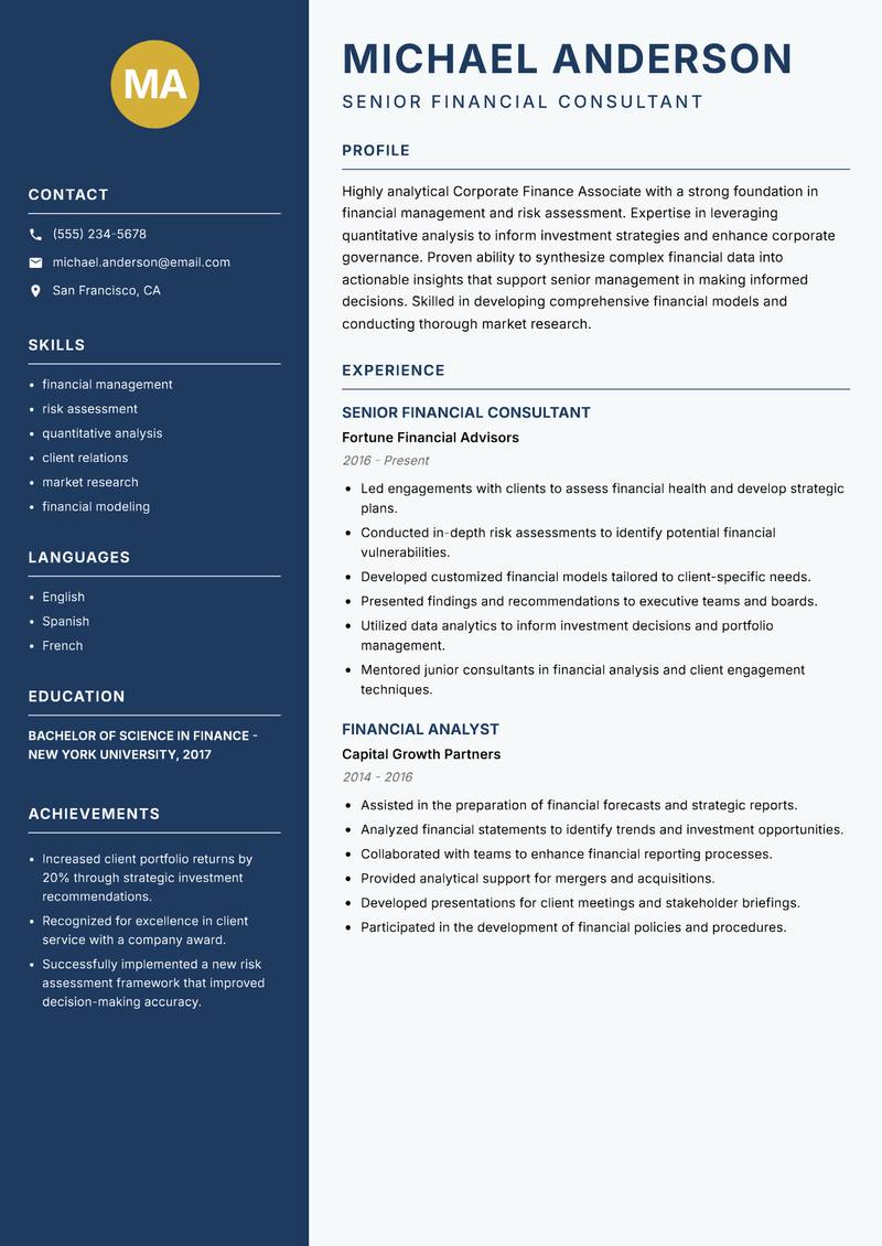 Corporate Finance Associate Resume Preview Example