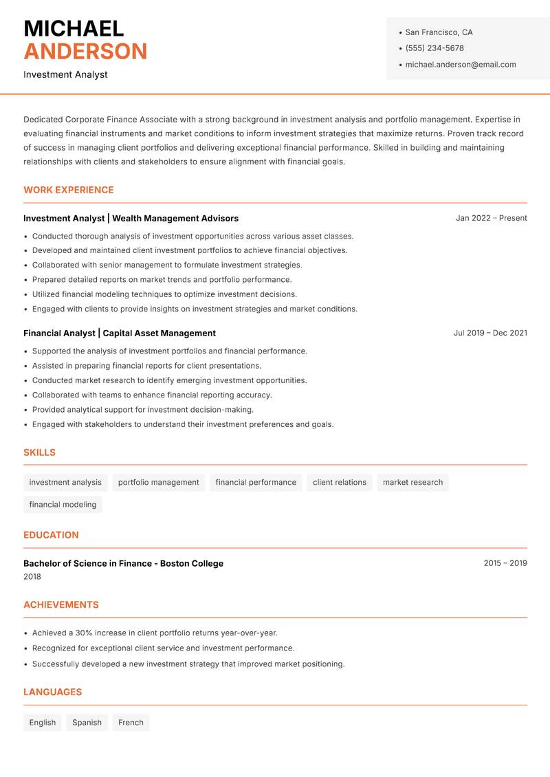 Corporate Finance Associate Resume Template