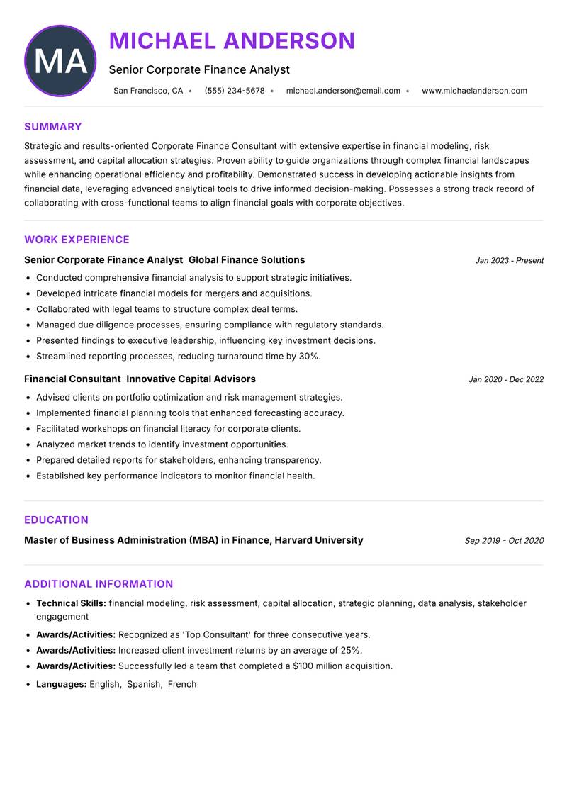 Corporate Finance Consultant Resume Preview Example