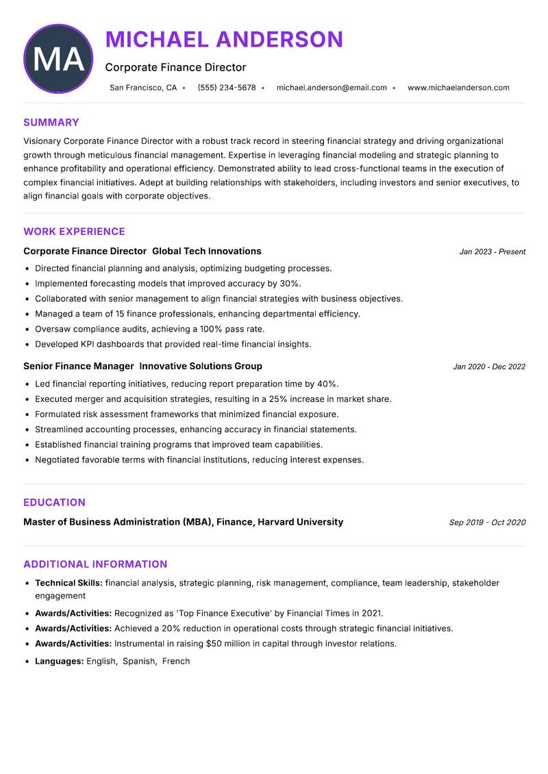 Corporate Finance Director Resume Preview Example