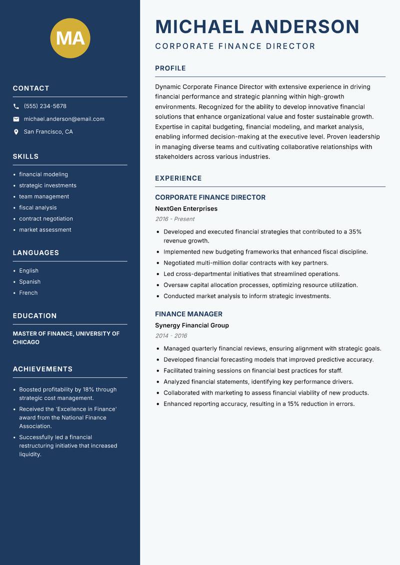 Corporate Finance Director Resume Preview Example