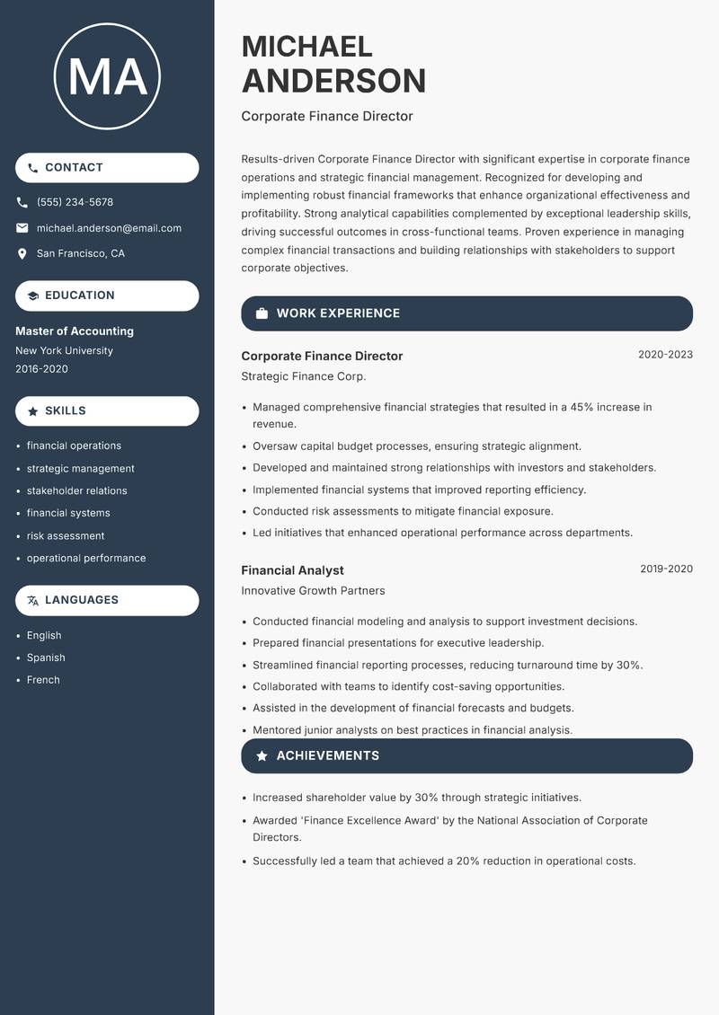 Corporate Finance Director Resume Preview Example