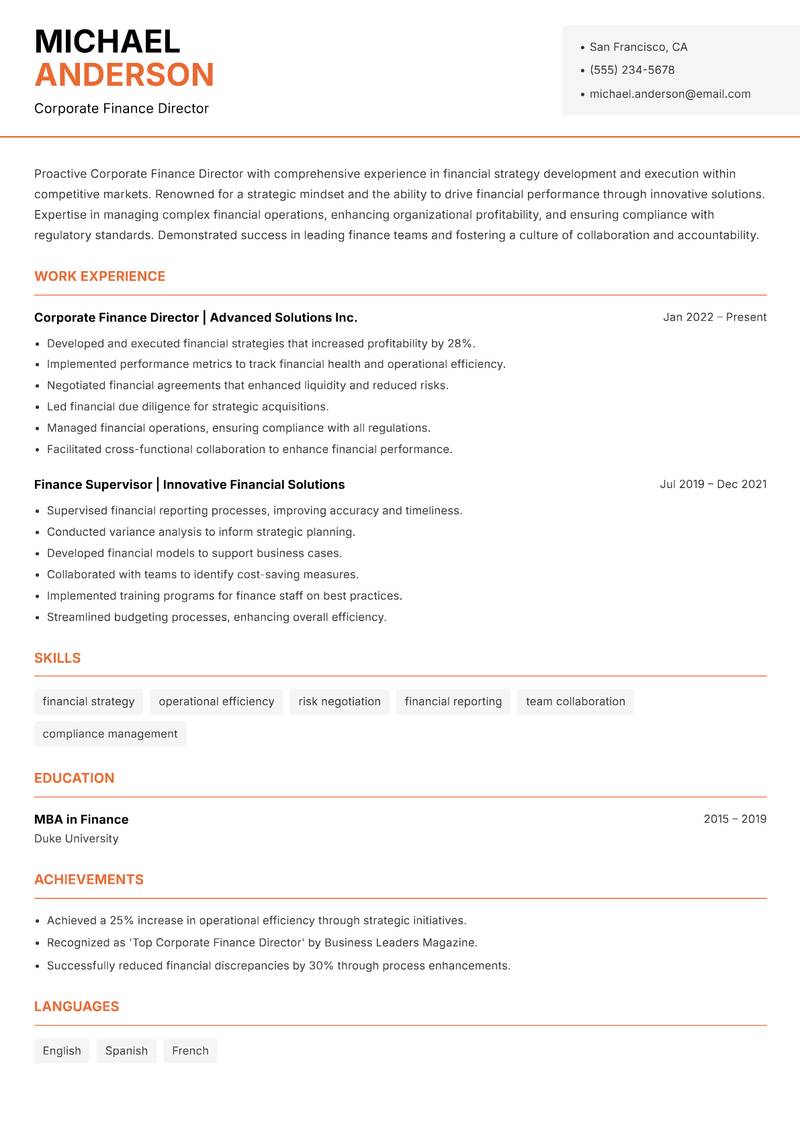 Corporate Finance Director Resume Template