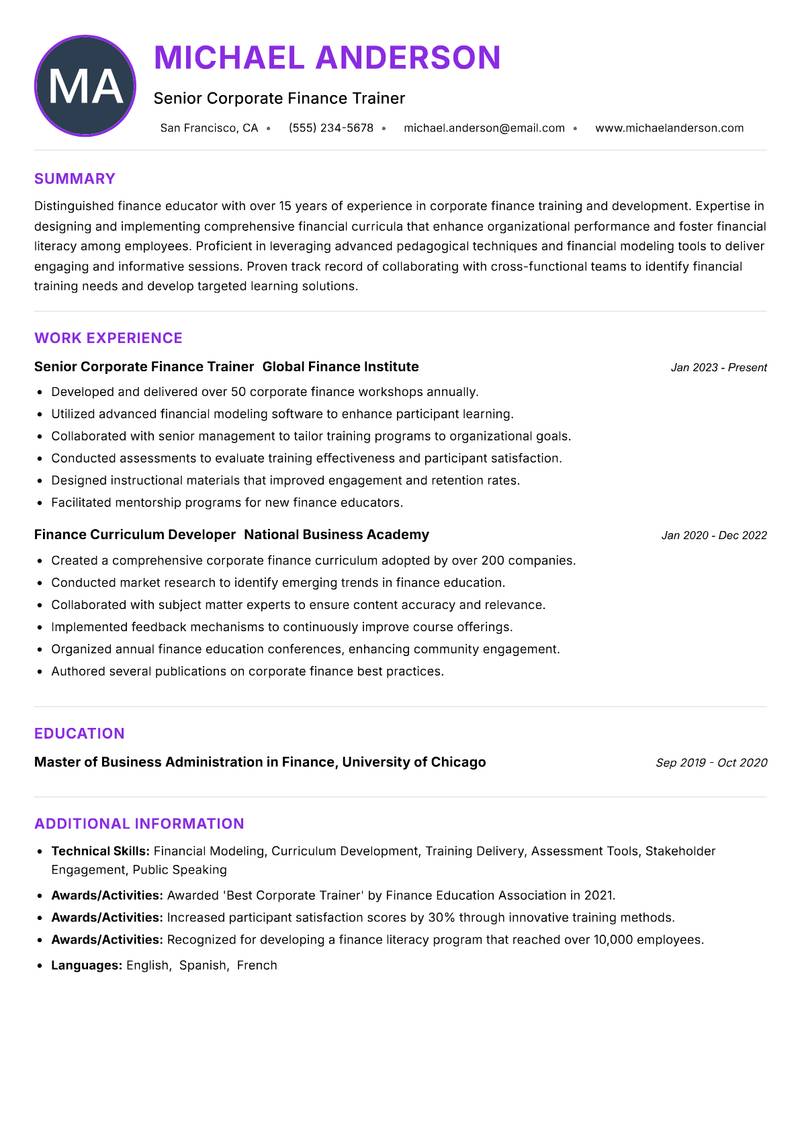 Corporate Finance Educator Resume Preview Example
