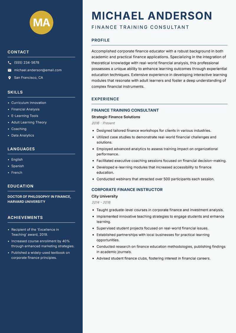Corporate Finance Educator Resume Preview Example