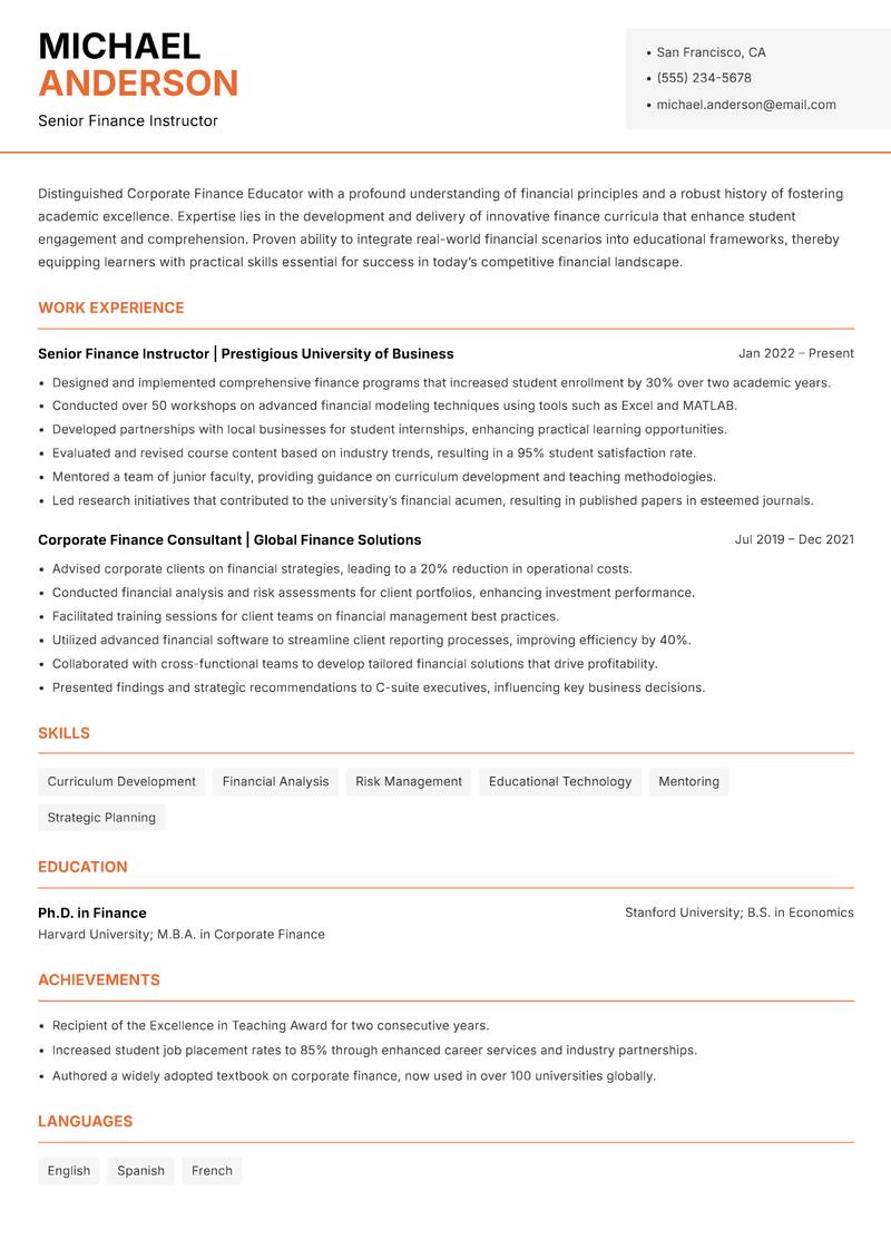 Corporate Finance Educator Resume Template
