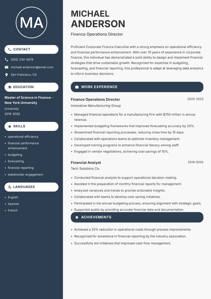 Corporate Finance Executive Resume Preview Example